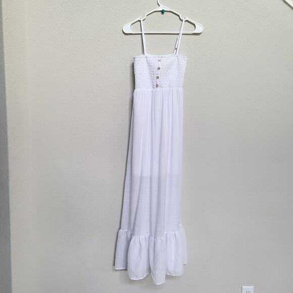 AUW White Smocked Bodice Maxi Dress Women's Small Beachy Summer Casual Resort - Picture 1 of 11